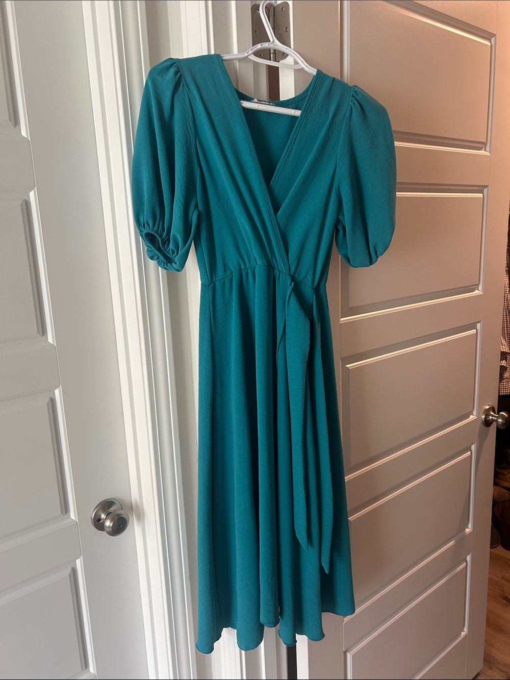 See You Monday Teal Puff-Sleeve Wrap Midi Dress with Tie Waist